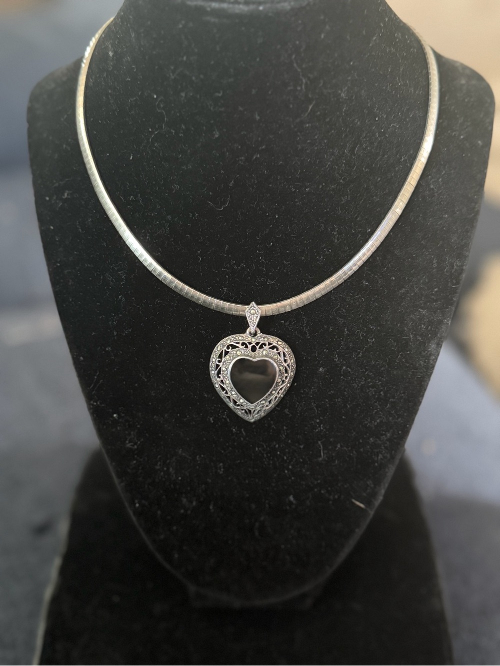 Vintage Black Onyx Marcasite Heart Pendant Necklace - Sterling Silver 16’
